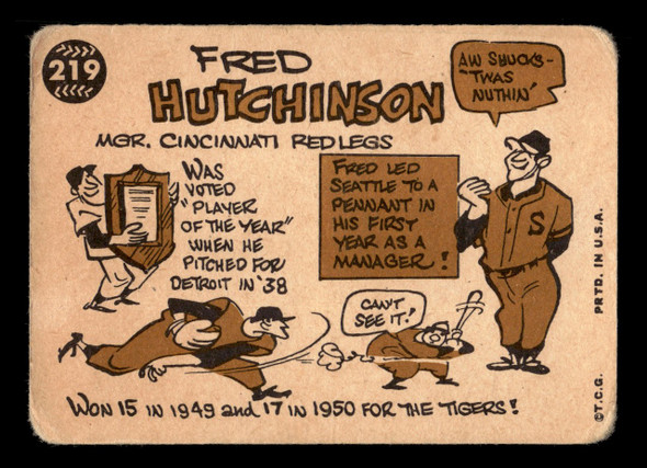 1960 Topps Fred Hutchinson #219 Cincinnati Reds VG back of card