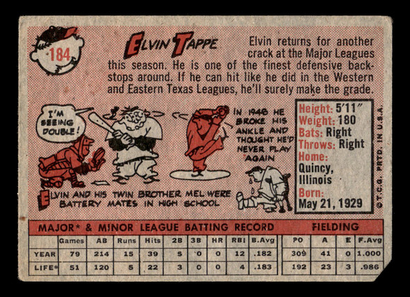 1958 Topps Elvin Tappe #184 Chicago Cubs Good back of card