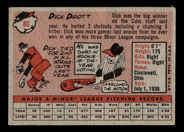 1958 Topps Dick Drott #80 Chicago Cubs VG back of card