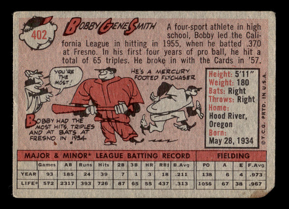 1958 Topps Bobby Gene Smith #402 St. Louis Cardinals VG back of card