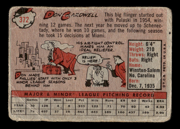 1958 Topps Don Cardwell #372 Philadelphia Phillies Low Grade - Creases back of card