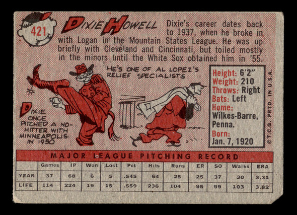 1958 Topps Dixie Howell #421 Chicago White Sox Low Grade - Creases back of card