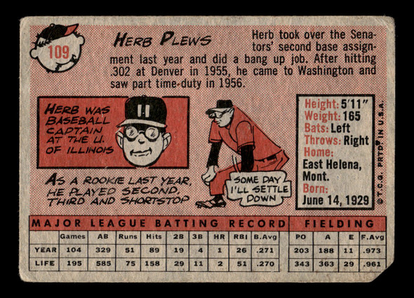 1958 Topps Herb Plews #109 Washington Senators VG back of card