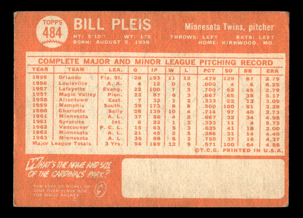 1964 Topps Bill Pleis #484 Minnesota Twins Low Grade - Creases back of card