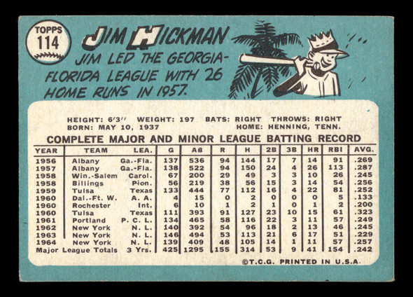 1965 Topps Jim Hickman #114 New York Mets VG back of card