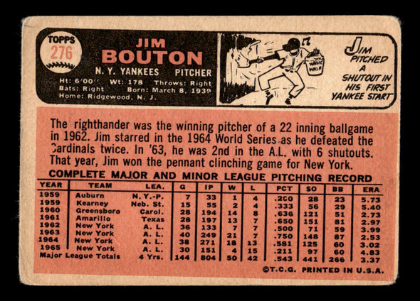 1966 Topps Jim Bouton #276 New York Yankees Low Grade - Creases back of card
