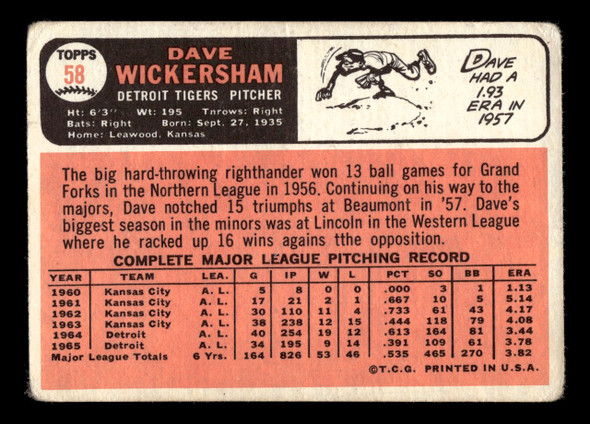 1966 Topps Dave Wickersham #58 Detroit Tigers VG back of card