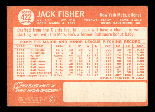 1964 Topps Jack Fisher #422 New York Mets VG back of card