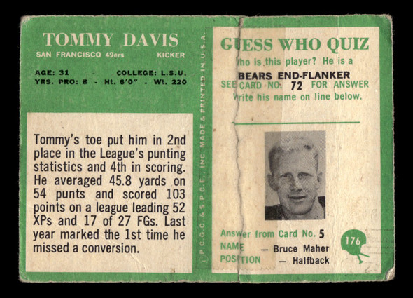 1966 Philadelphia Tommy Davis #176 San Francisco 49ers Low Grade - Creases back of card