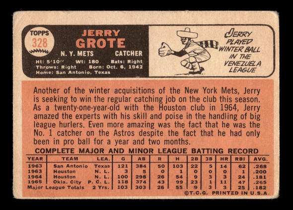 1966 Topps Jerry Grote #328 New York Mets Low Grade - Marks Example B back of card