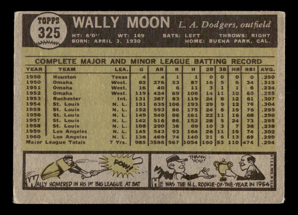1961 Topps Wally Moon #325 Los Angeles Dodgers VG back of card