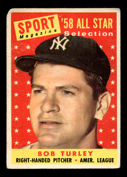 1958 Topps Bob Turley #493 Sport Magazine '58 All-Star Selection Low Grade - Creases front of card