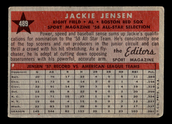 1958 Topps Jackie Jensen #489 Sport Magazine '58 All-Star Selection Good back of card