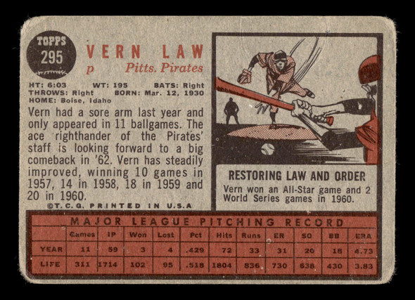1962 Topps Vern Law #295 Pittsburgh Pirates Low Grade - Creases back of card