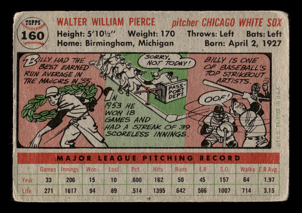 1956 Topps Billy Pierce #160 CHICAGO WHITE SOX Low Grade - Creases back of card