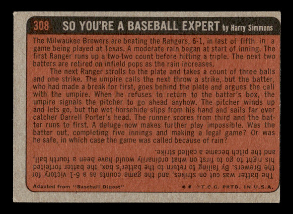 1972 Topps Steve Renko #308 In Action VG — Example A back of card