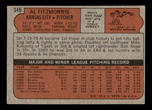 1972 Topps Al Fitzmorris #349 Kansas City Royals VG — Example A back of card