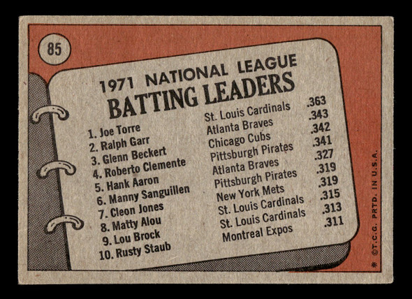 1972 Topps Joe Torre / Ralph Garr / Glenn Beckert #85 1971 N.L. Batting Leaders HOF VG back of card