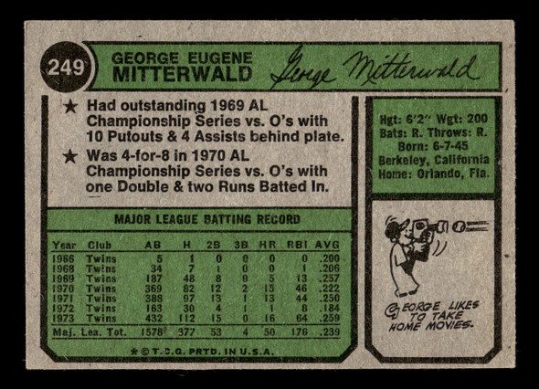 1974 Topps George Eugene Mitterwald #249 Minnesota Twins VG back of card