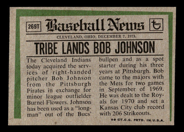 1974 Topps Traded Bob Johnson #269T Cleveland Indians VG — Example A back of card