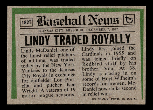 1974 Topps Traded Lindy McDaniel #182T Kansas City Royals VG back of card