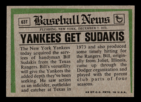 1974 Topps Traded Bill Sudakis #63T New York Yankees VG back of card
