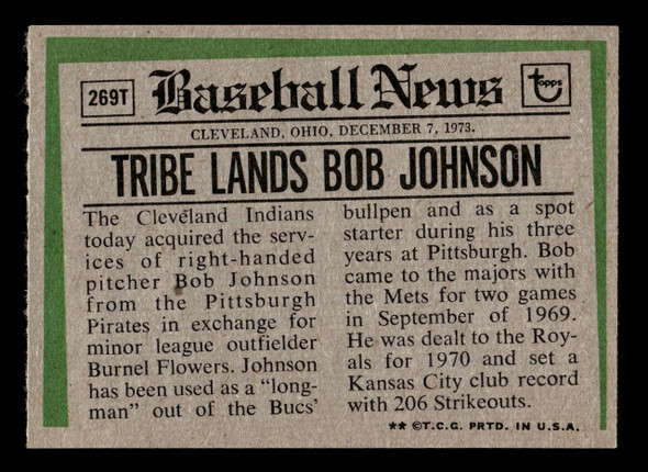 1974 Topps Traded Bob Johnson #269T Cleveland Indians VG — Example B back of card