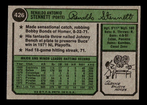 1974 Topps Rennie Stennett #426 Pittsburgh Pirates Low Grade - Creases back of card