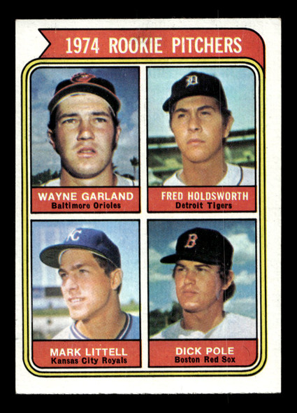 1974 Topps Wayne Garland / Fred Holdsworth / Mark Littell / Dick Pole #596 1974 Rookie Pitchers RC VG front of card