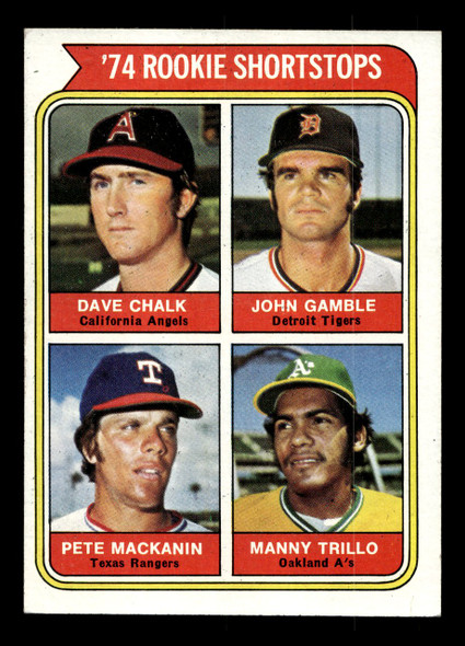 1974 Topps Dave Chalk / John Gamble / Pete Mackanin / Manny Trillo #597 1974 Rookie Shortstops RC VG front of card