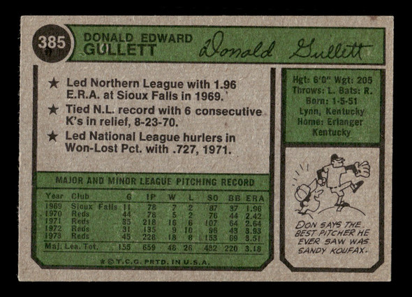 1974 Topps Don Gullett #385 Cincinnati Reds VG back of card
