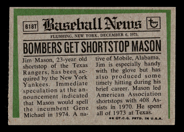 1974 Topps Traded Jim Mason #618T New York Yankees VG back of card