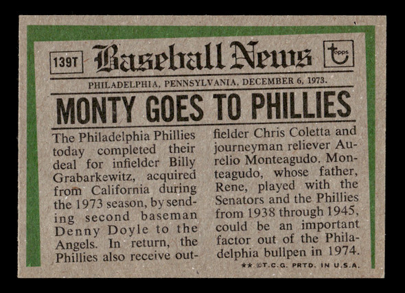 1974 Topps Traded Aurelio Monteagudo #139T Philadelphia Phillies VG back of card