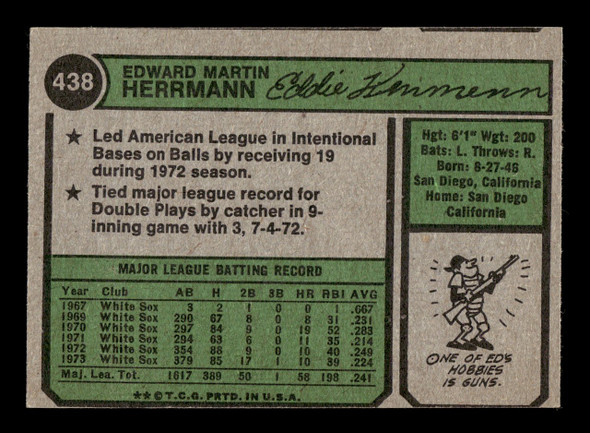 1974 Topps Ed Herrmann #438 Chicago White Sox VG — Example A back of card