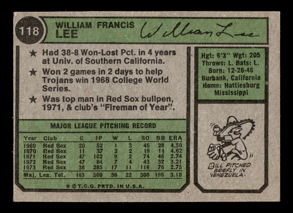 1974 Topps Bill Lee #118 Boston Red Sox VG Example A back of card