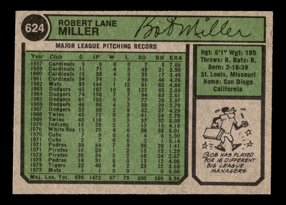 1974 Topps Bob Miller #624 New York Mets VG back of card