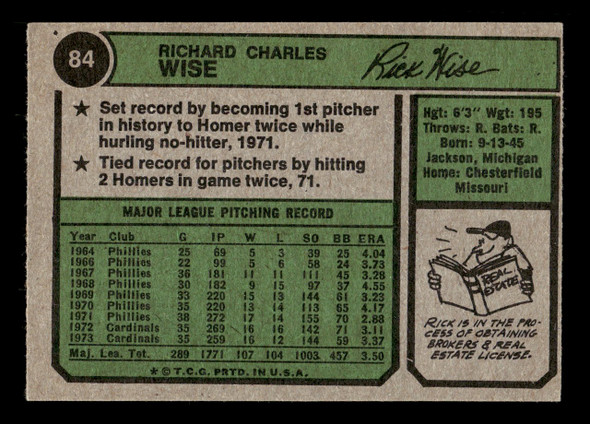 1974 Topps Rick Wise #84 Boston Red Sox Low Grade - Creases back of card