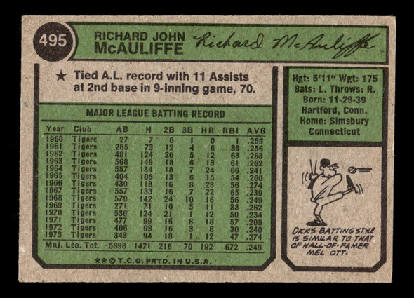 1974 Topps Richard John McAuliffe #495 Boston Red Sox VG back of card