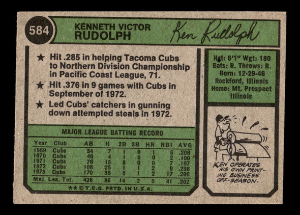1974 Topps Ken Rudolph #584 Chicago Cubs Low Grade - Creases back of card