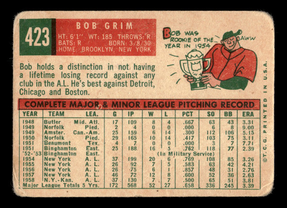 1959 Topps Bob Grim #423 Kansas City Athletics VG Example B back of card