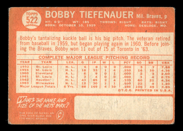 1964 Topps Bobby Tiefenauer #522 Milwaukee Braves VG back of card