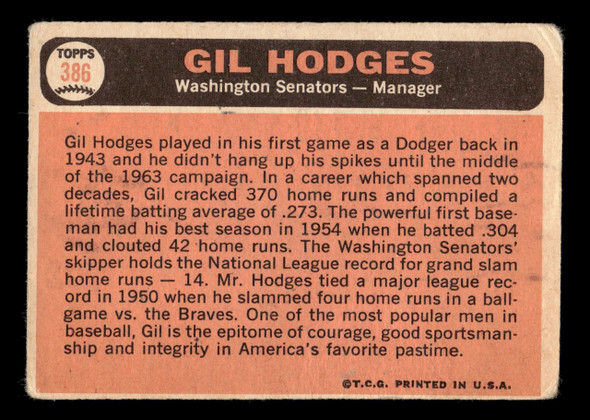1966 Topps Gil Hodges #386 Washington Senators HOF Low Grade - Creases back of card