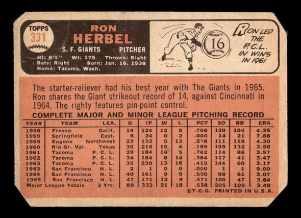 1966 Topps Ron Herbel #331 San Francisco Giants Low Grade - Creases back of card