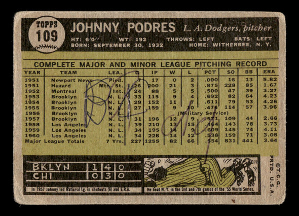 1961 Topps Johnny Podres #109 Los Angeles Dodgers Low Grade - Creases back of card