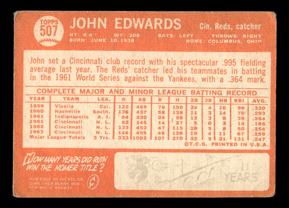 1964 Topps John Edwards #507 Cincinnati Reds VG back of card