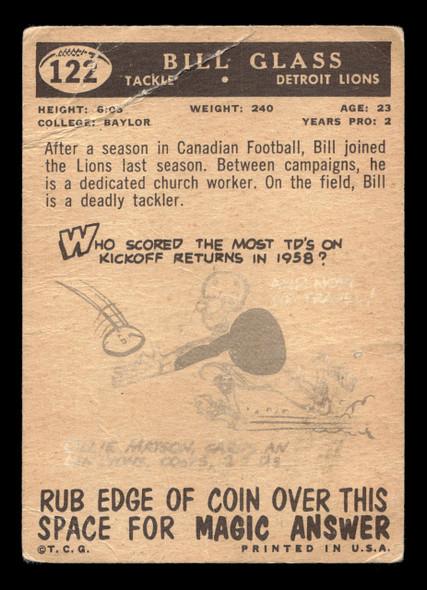 1959 Topps Bill Glass #122 Detroit Lions Low Grade - Creases back of card