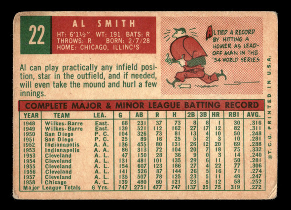 1959 Topps Al Smith #22 Chicago White Sox VG back of card