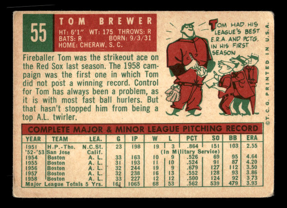 1959 Topps Tom Brewer #55 Boston Red Sox VG back of card