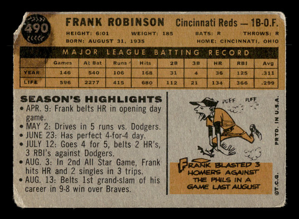 1960 Topps Frank Robinson #490 Cincinnati Reds HOF Fair back of card