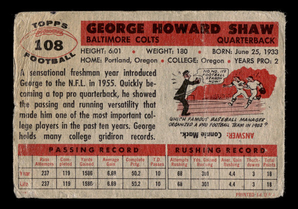 1956 Topps George Shaw #108 Baltimore Colts Low Grade - Creases back of card